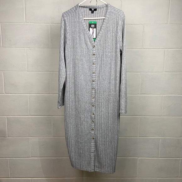 Frye Heather Gray Ribbed Knit Button‎ Front Midi Dress Long Sleeve XL - Picture 1 of 7